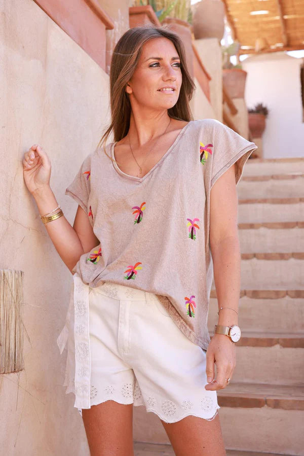 Light Brown Embroidered Palms Cap-Sleeve Cotton Tee