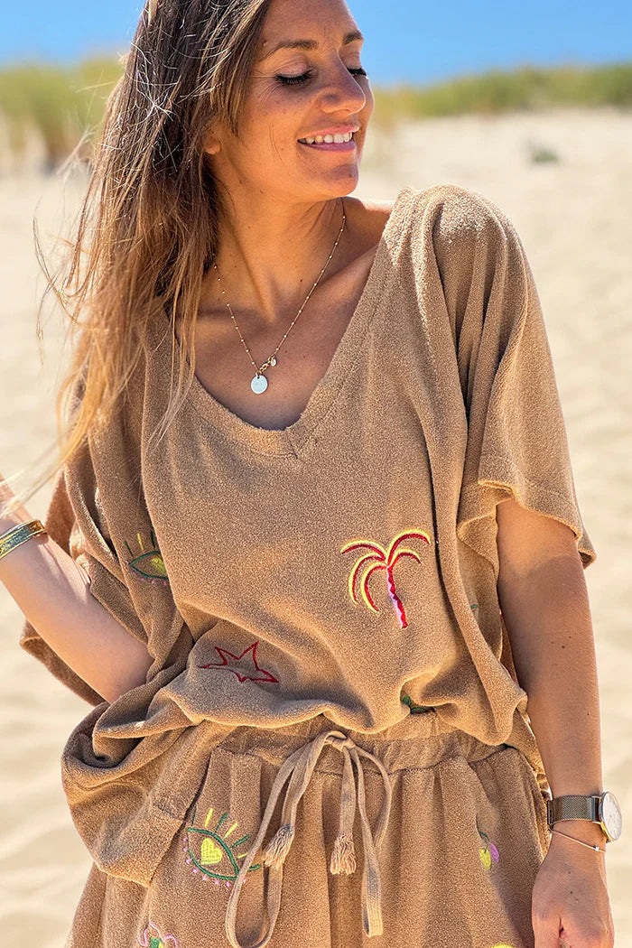 Camel Embroidered Terry V-Neck Top