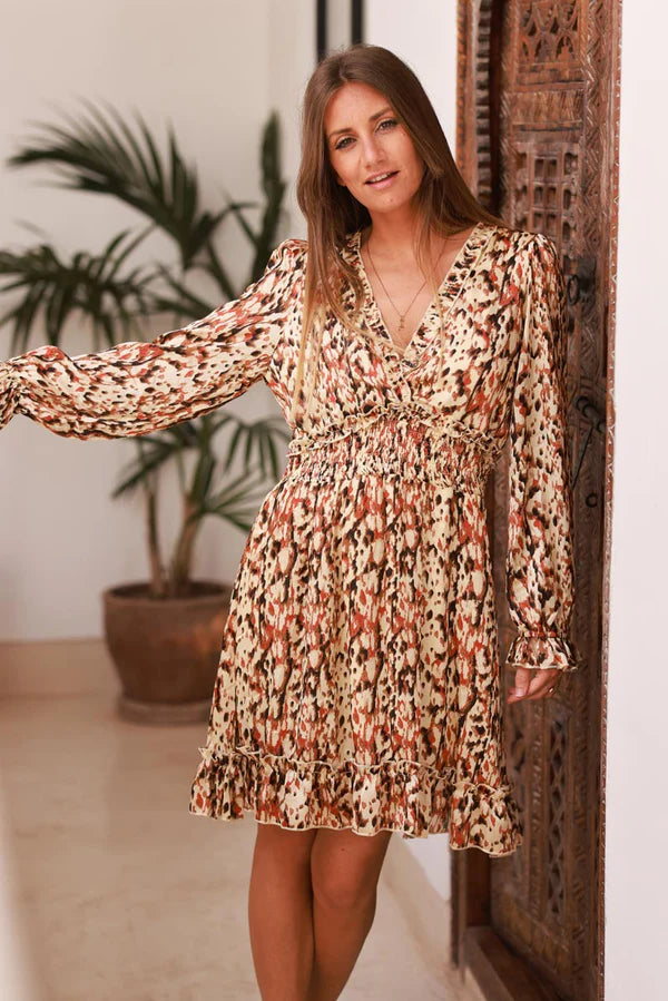 Camel Leopard Ruffled Trim Jersey Dress