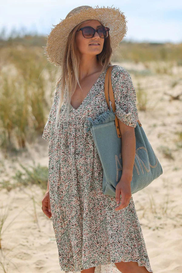 Celadon Green Liberty Print Flowing Smock Dress Jeanne