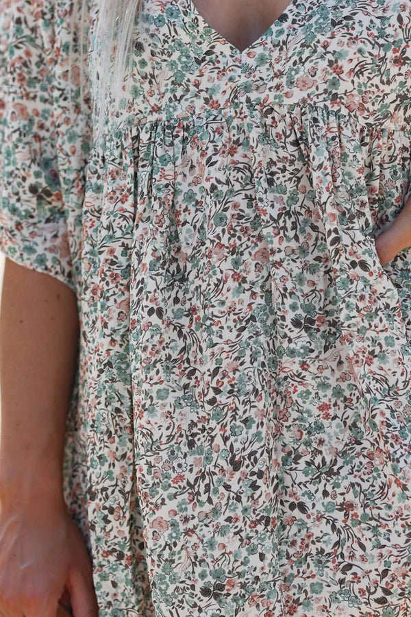 Celadon Green Liberty Print Flowing Smock Dress Jeanne
