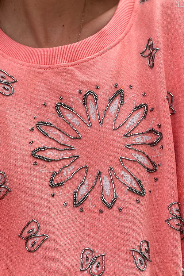 Coral Beaded Sun Scoop Neck Sweater