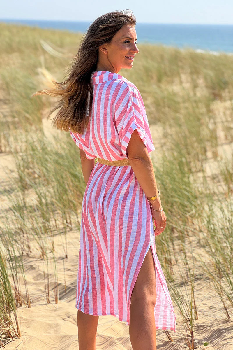 Coral Cabana Stripe Gauze Belted Shirt Dress