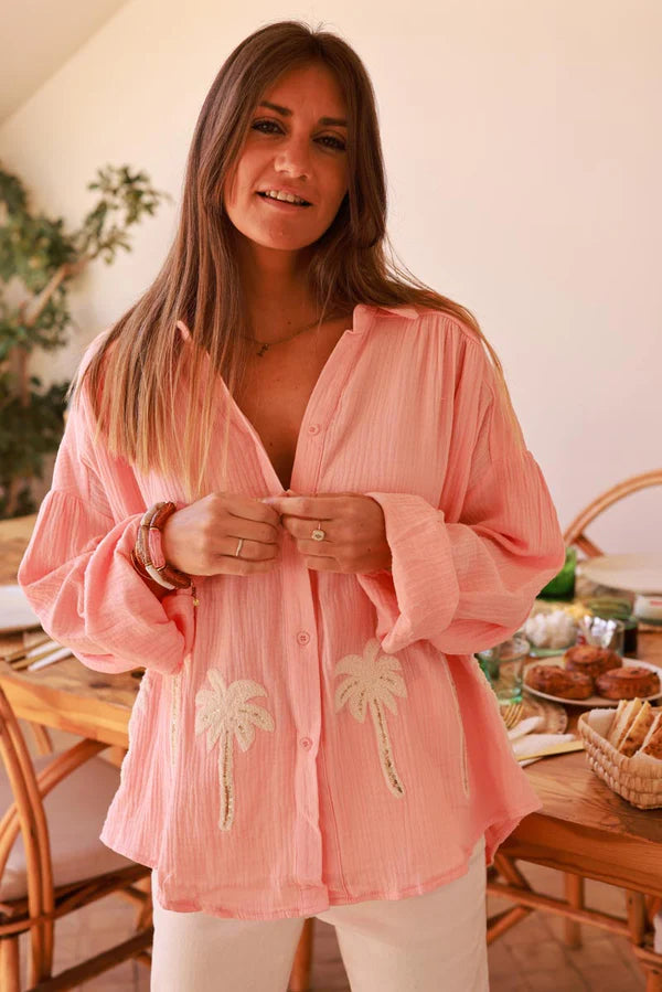 Coral Cotton Gauze Textured Palm Blouse