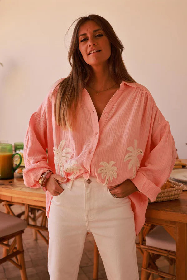Coral Cotton Gauze Textured Palm Blouse