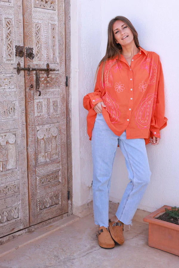 Coral Cotton Paisley Motif Drape Back Blouse