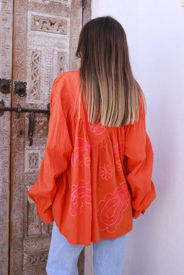 Coral Cotton Paisley Motif Drape Back Blouse