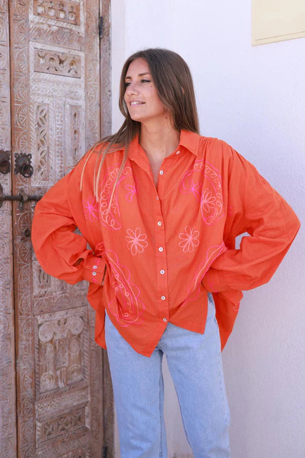 Coral Cotton Paisley Motif Drape Back Blouse