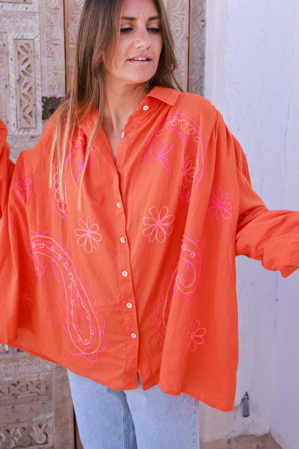 Coral Cotton Paisley Motif Drape Back Blouse