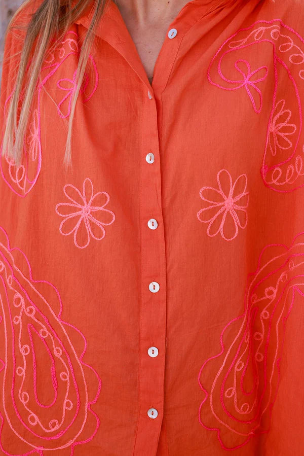Coral Cotton Paisley Motif Drape Back Blouse