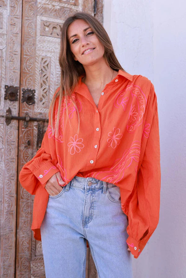 Coral Cotton Paisley Motif Drape Back Blouse