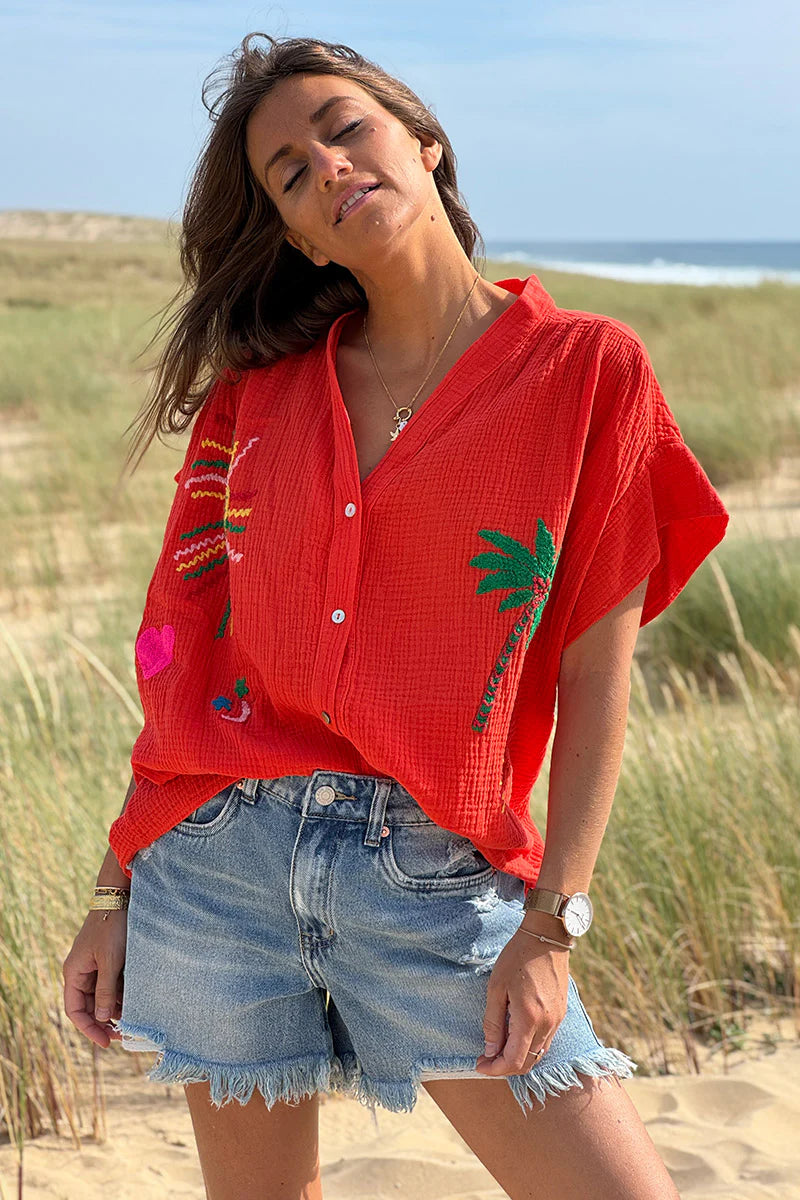 Coral Embroidered Gauze Button-Down Blouse