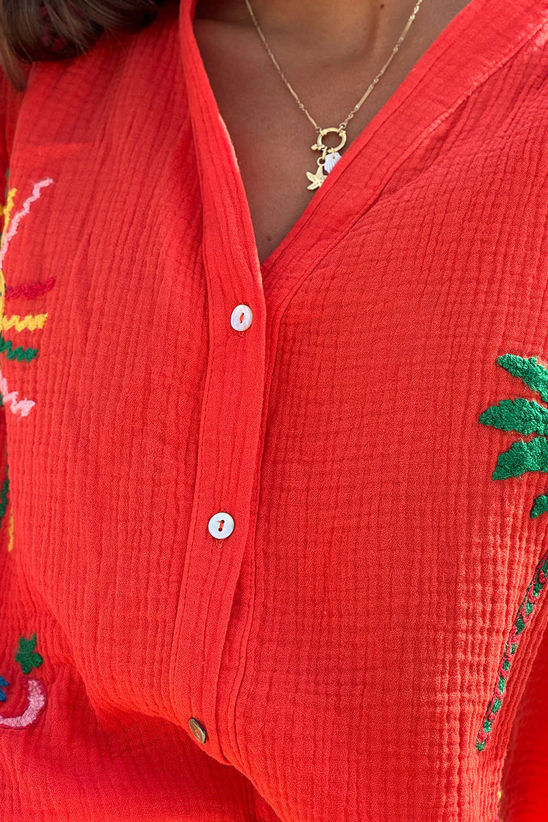 Coral Embroidered Gauze Button-Down Blouse