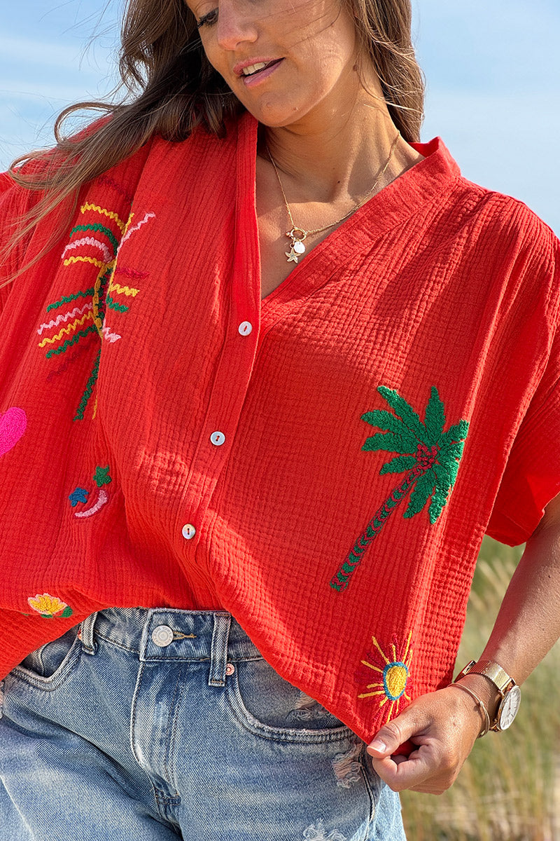 Coral Embroidered Gauze Button-Down Blouse