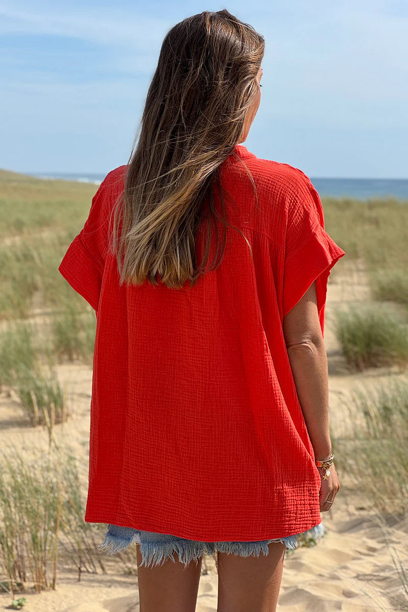 Coral Embroidered Gauze Button-Down Blouse