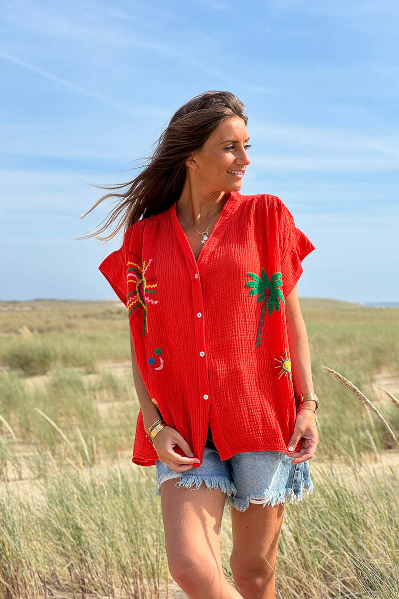 Coral Embroidered Gauze Button-Down Blouse