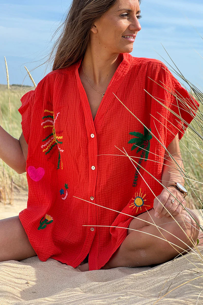 Coral Embroidered Gauze Button-Down Blouse