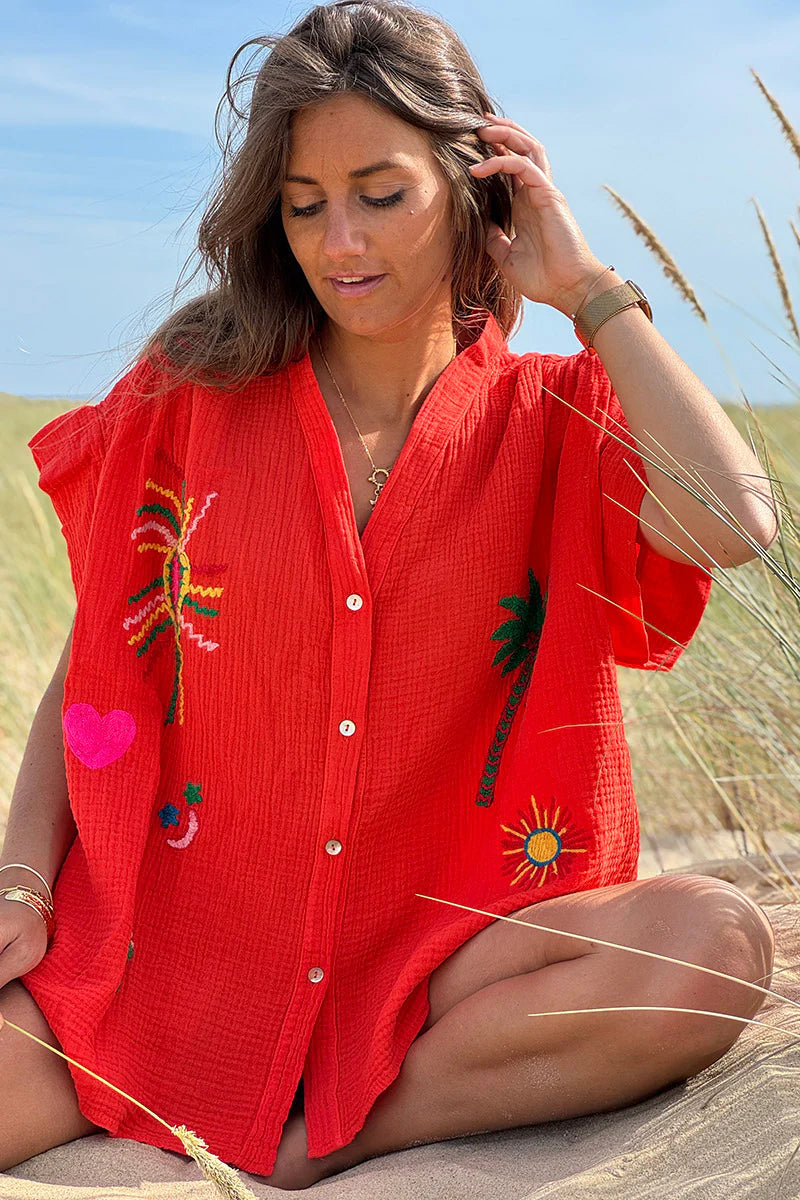 Coral Embroidered Gauze Button-Down Blouse