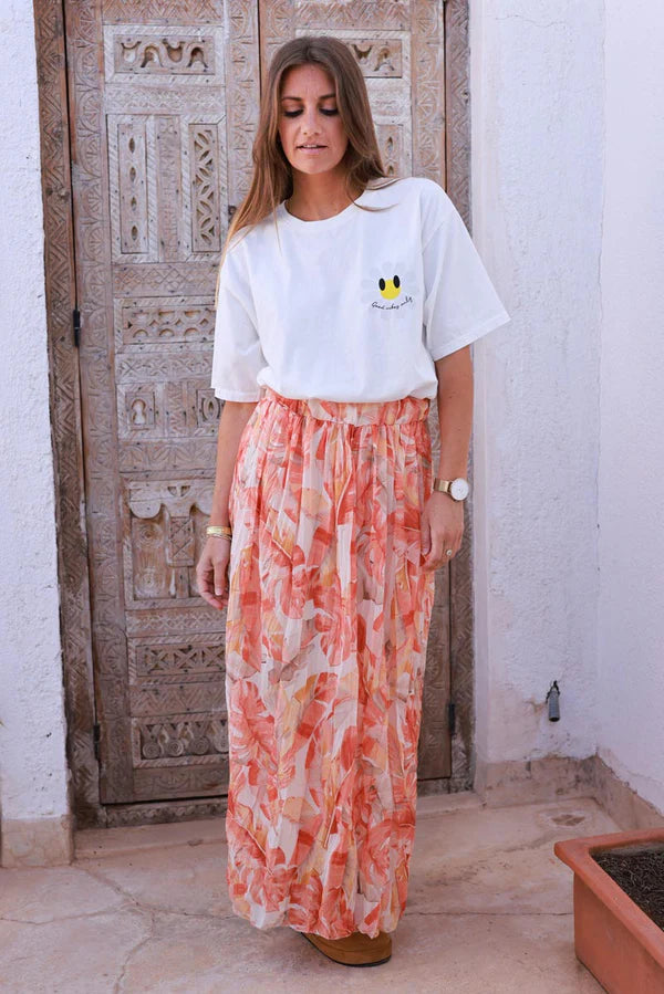 Coral Leaf Chiffon Pleated Maxi Skirt