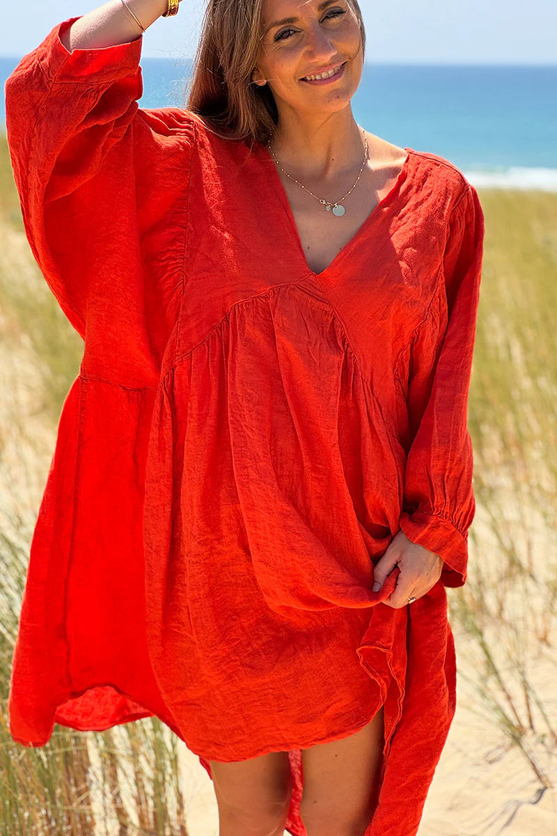Coral Linen Babydoll Dress