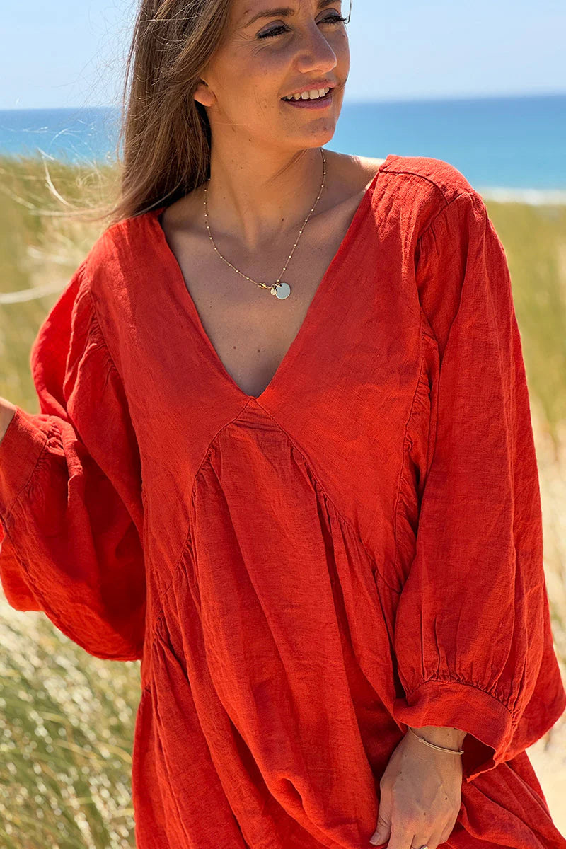 Coral Linen Babydoll Dress