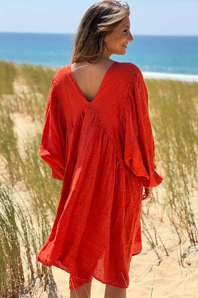 Coral Linen Babydoll Dress