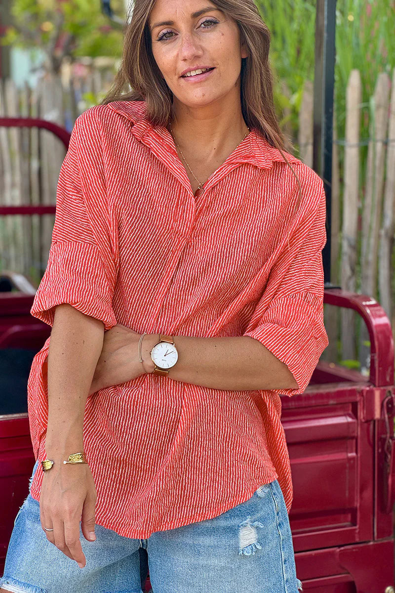 Coral Mottled Pinstripe Gauze Blouse