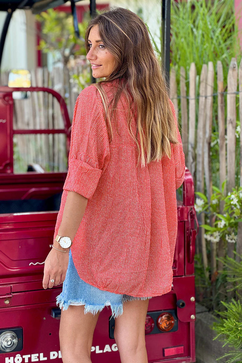 Coral Mottled Pinstripe Gauze Blouse