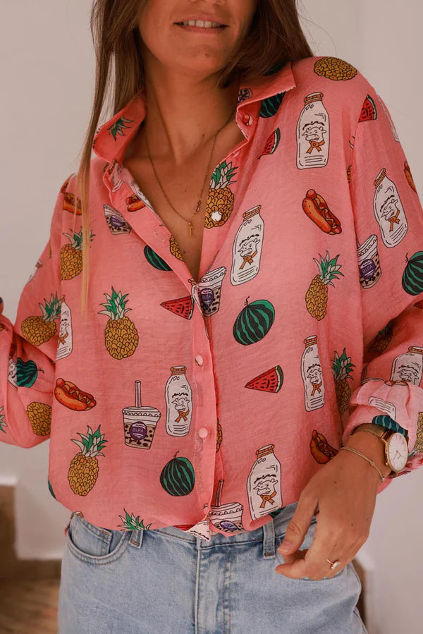 Coral Snack Time Button-Down Blouse