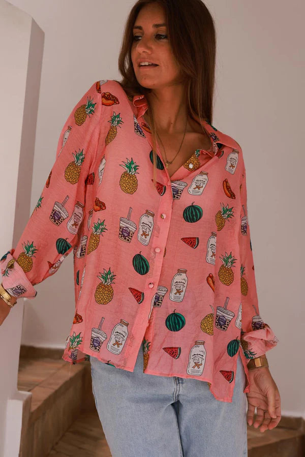 Coral Snack Time Button-Down Blouse