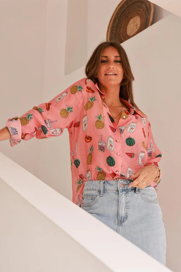 Coral Snack Time Button-Down Blouse