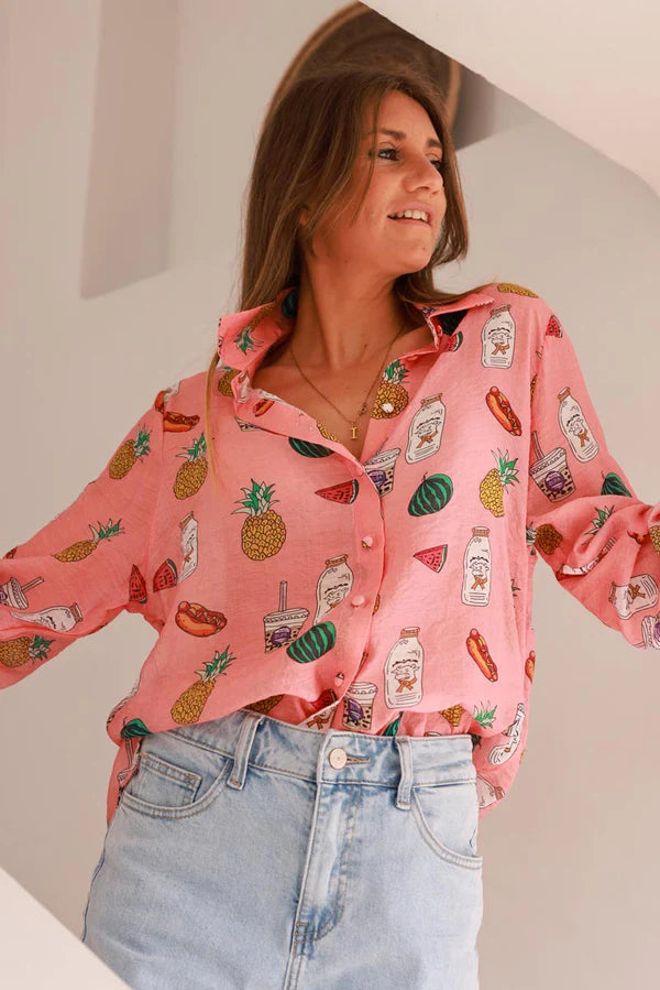 Coral Snack Time Button-Down Blouse