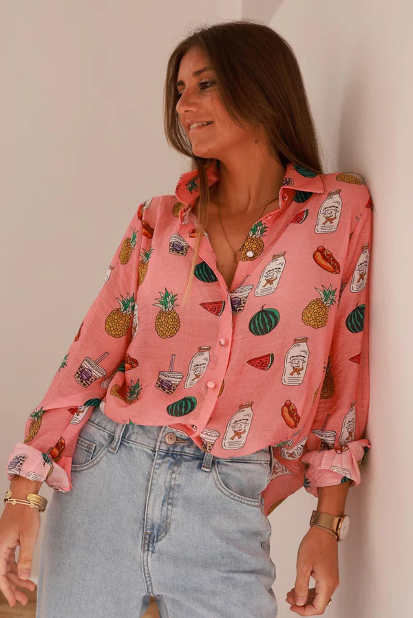 Coral Snack Time Button-Down Blouse