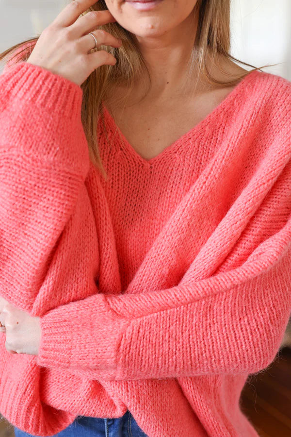Coral Woollen V-Neck Sweater with Batwing Sleeves