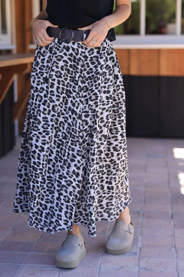 Cotton Leopard print midi Skirt with raphia belt Horizons Lointains Paris