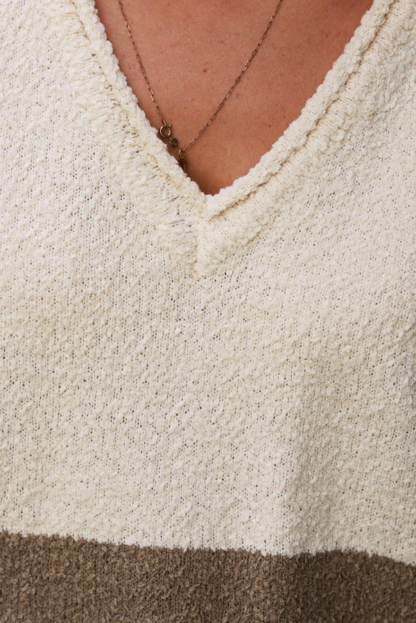 Cream Boucle V-Neck Sweater Vest with Olive Stripes