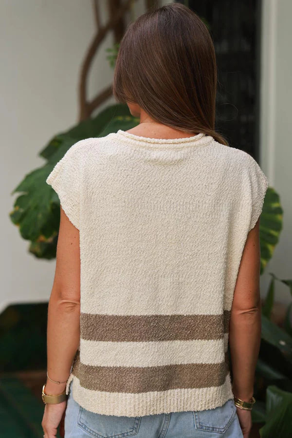 Cream Boucle V-Neck Sweater Vest with Olive Stripes