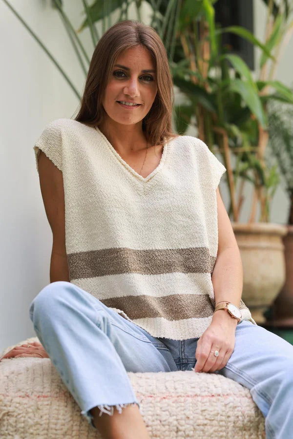 Cream Boucle V-Neck Sweater Vest with Olive Stripes