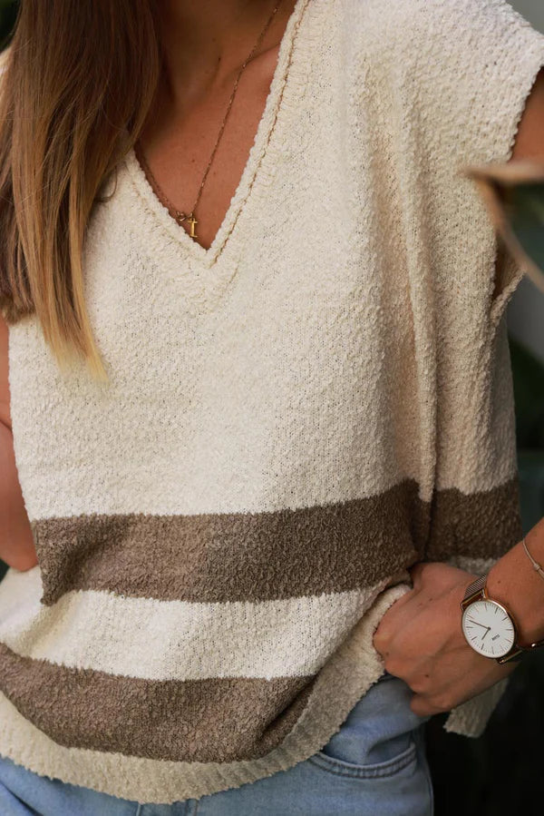 Cream Boucle V-Neck Sweater Vest with Olive Stripes