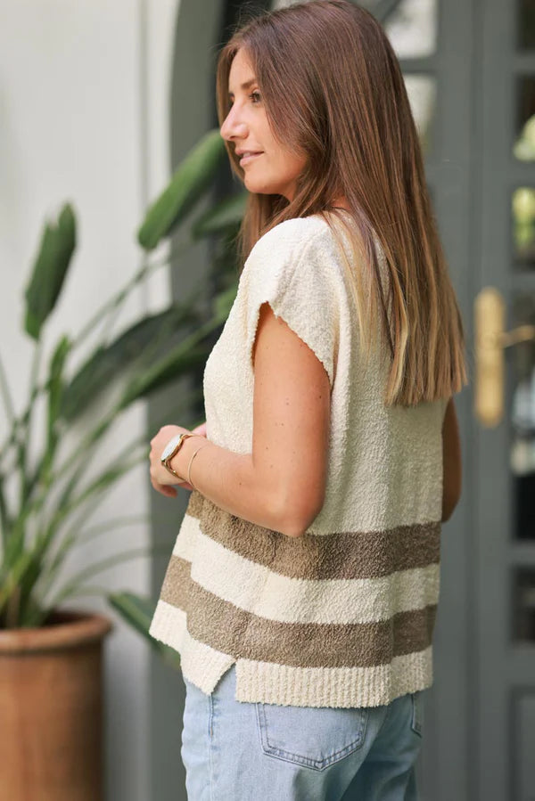 Cream Boucle V-Neck Sweater Vest with Olive Stripes