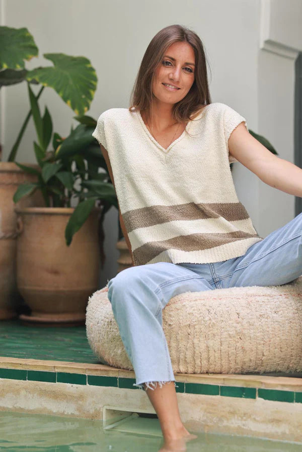 Cream Boucle V-Neck Sweater Vest with Olive Stripes