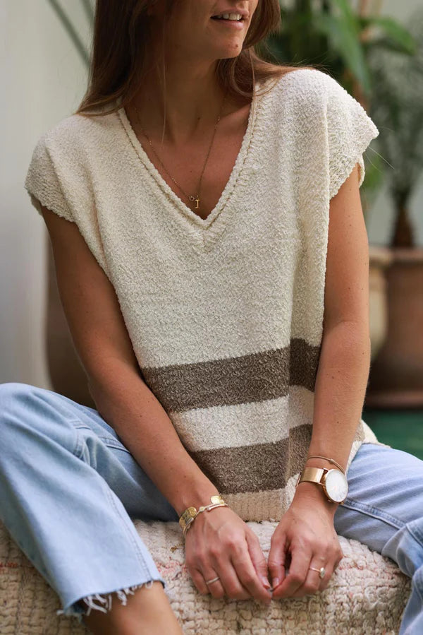 Cream Boucle V-Neck Sweater Vest with Olive Stripes