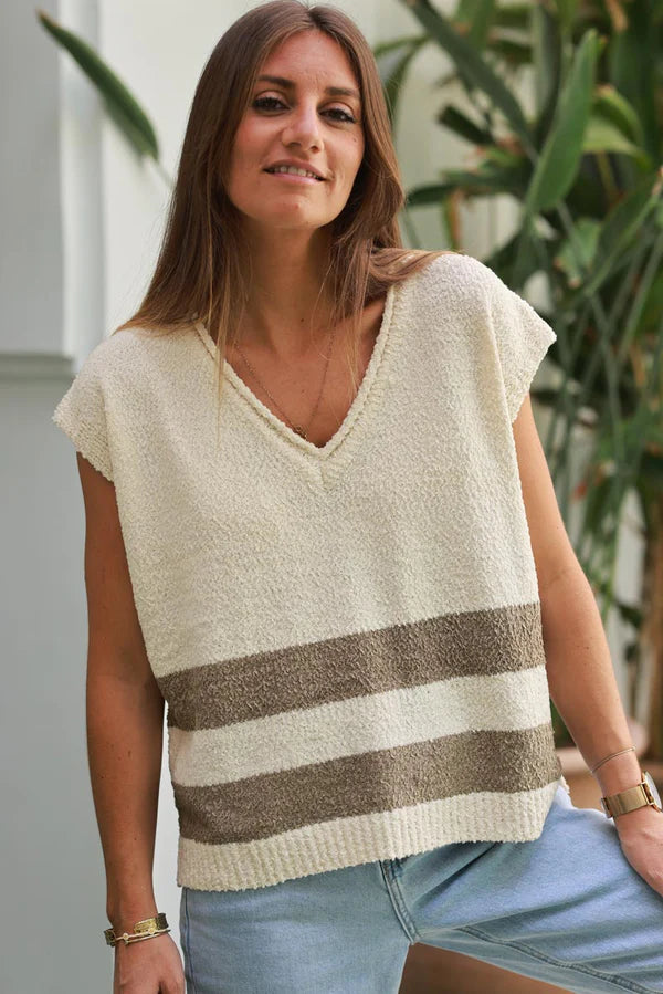 Cream Boucle V-Neck Sweater Vest with Olive Stripes