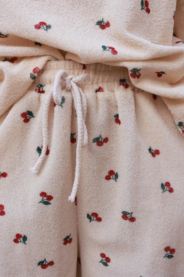 Cream Cherry Print Casual Terry Shorts
