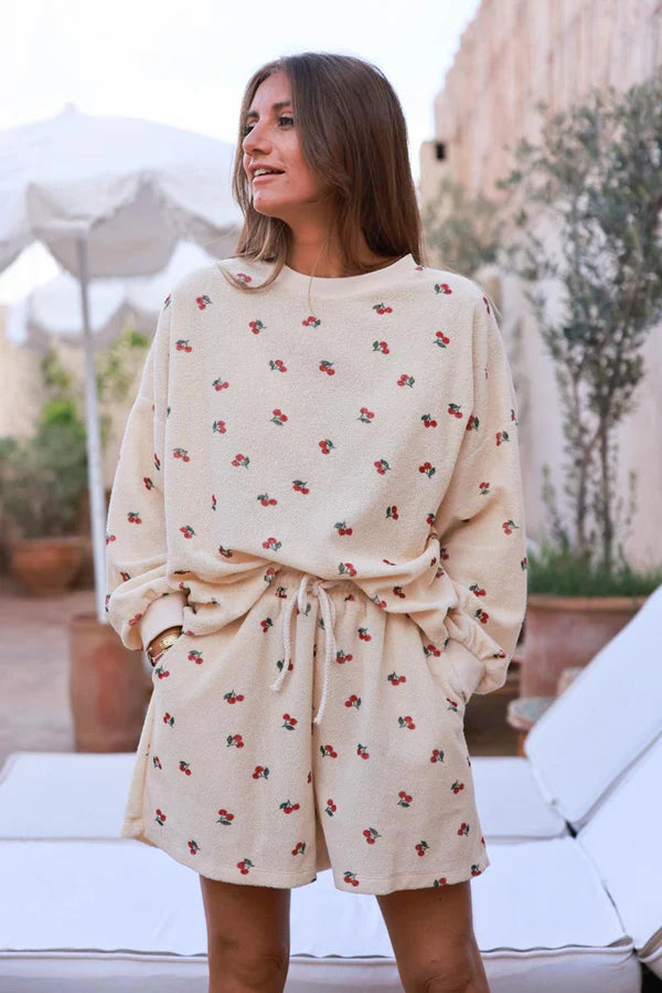 Cream Cherry Print Casual Terry Shorts