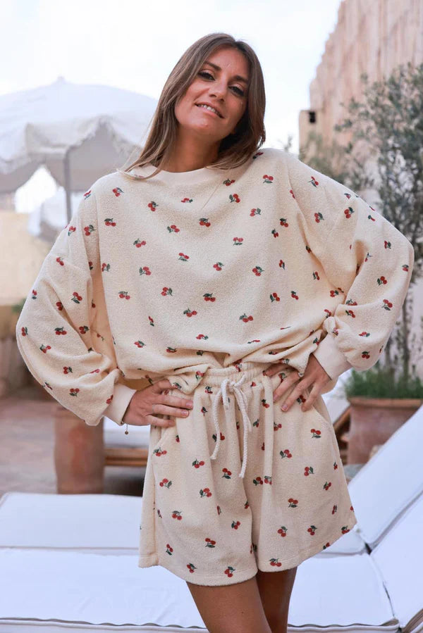 Cream Cherry Print Casual Terry Shorts