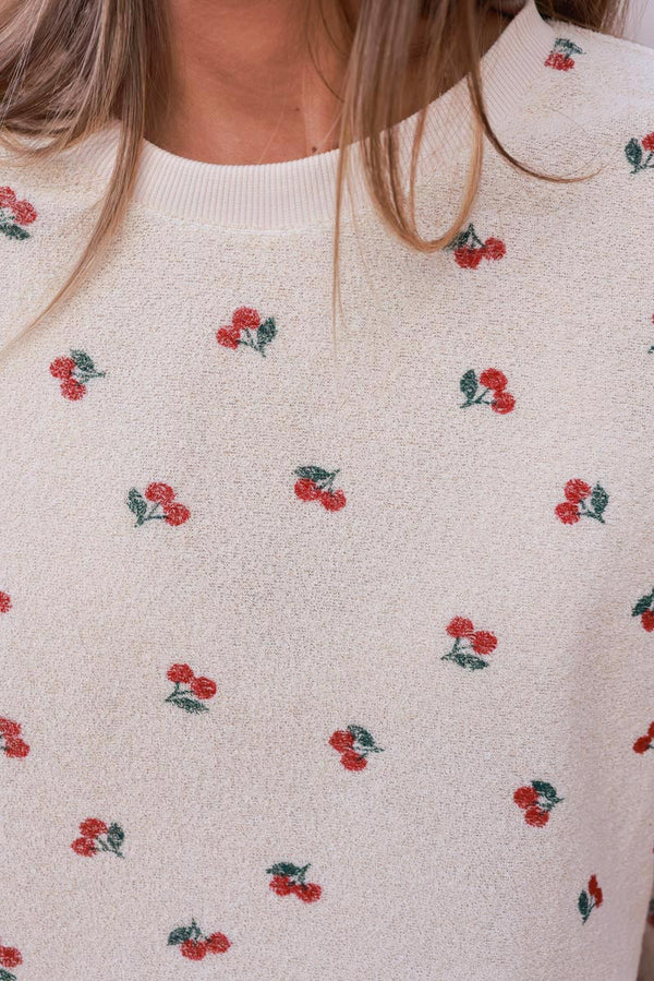 Cream Cherry Print Casual Terry Sweater
