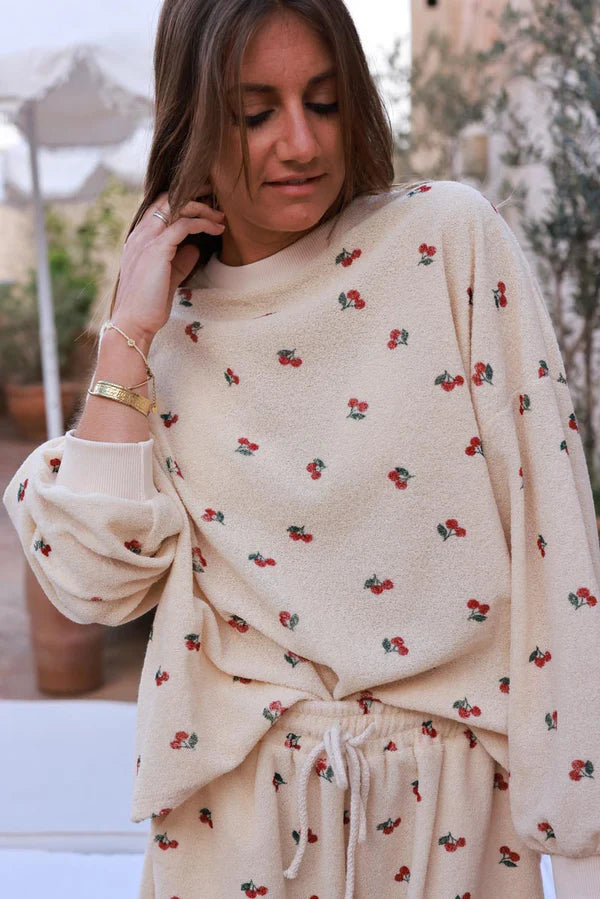 Cream Cherry Print Casual Terry Sweater