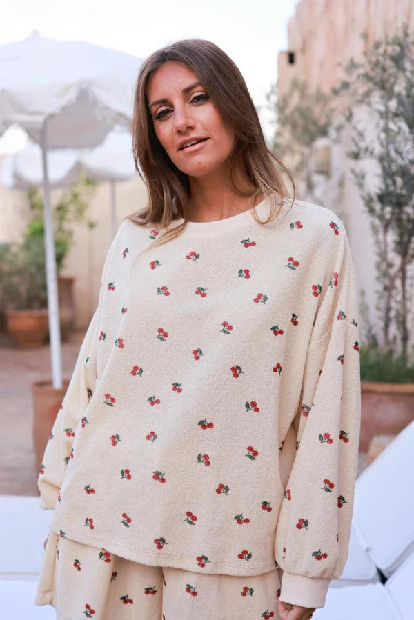 Cream Cherry Print Casual Terry Sweater