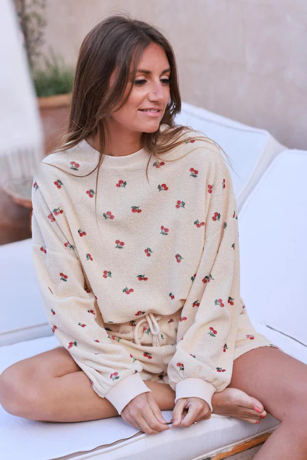 Cream Cherry Print Casual Terry Sweater